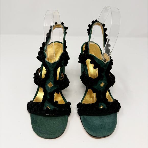 Rachel Comey Chenille Suede Green Black Pom Pom Block Heeled Cage Sandals US 6 - Picture 5 of 9